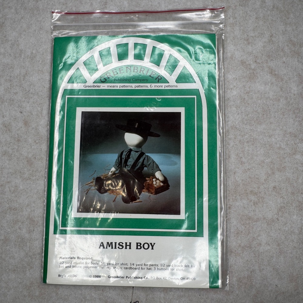 Vintage 1986 Greenbrier Amish Boy Sewing Pattern #1136 Doll Making Craft VTG